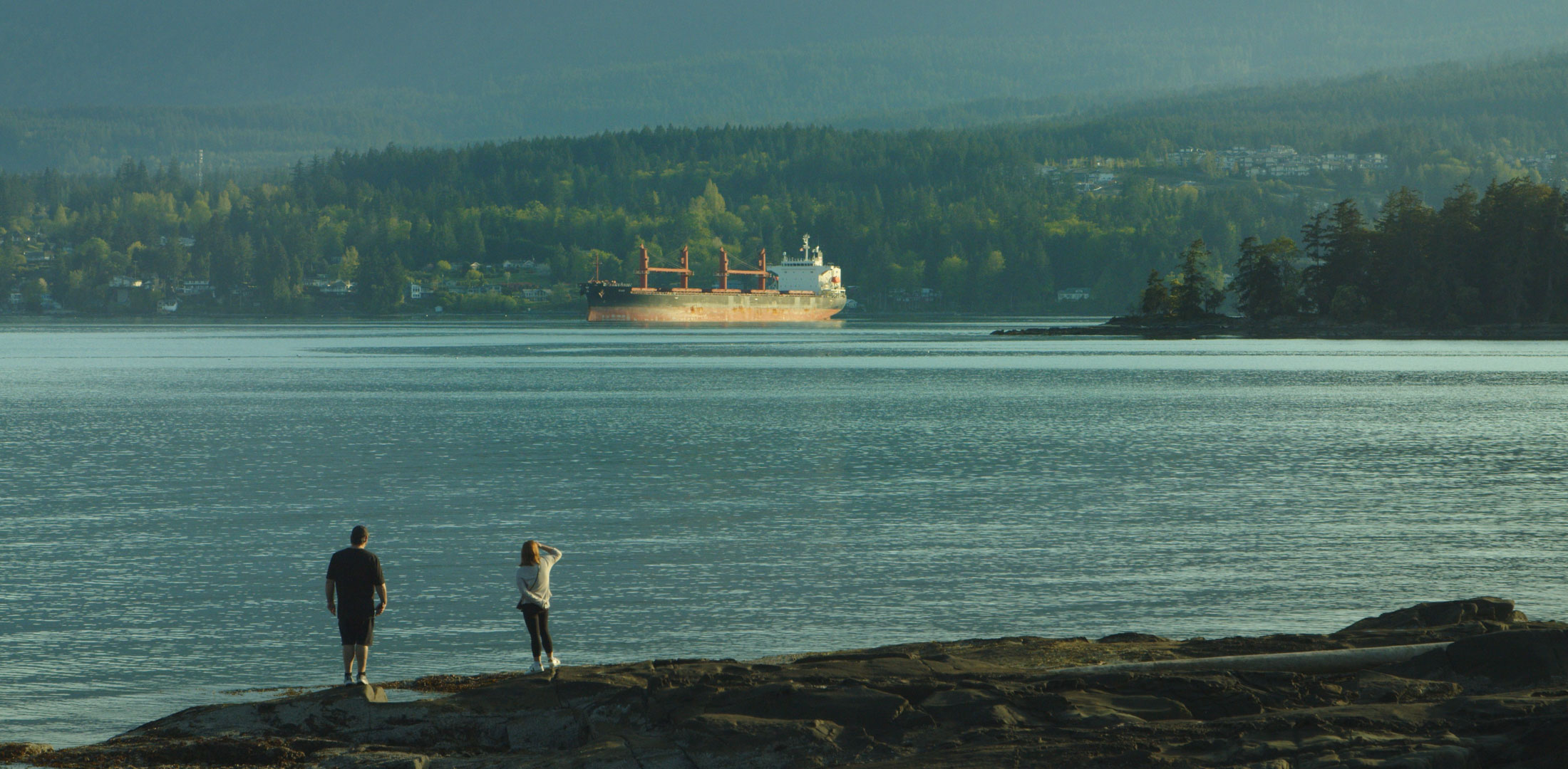 Two people on a rocky shoreline overlooking a ship and forested hills across the water