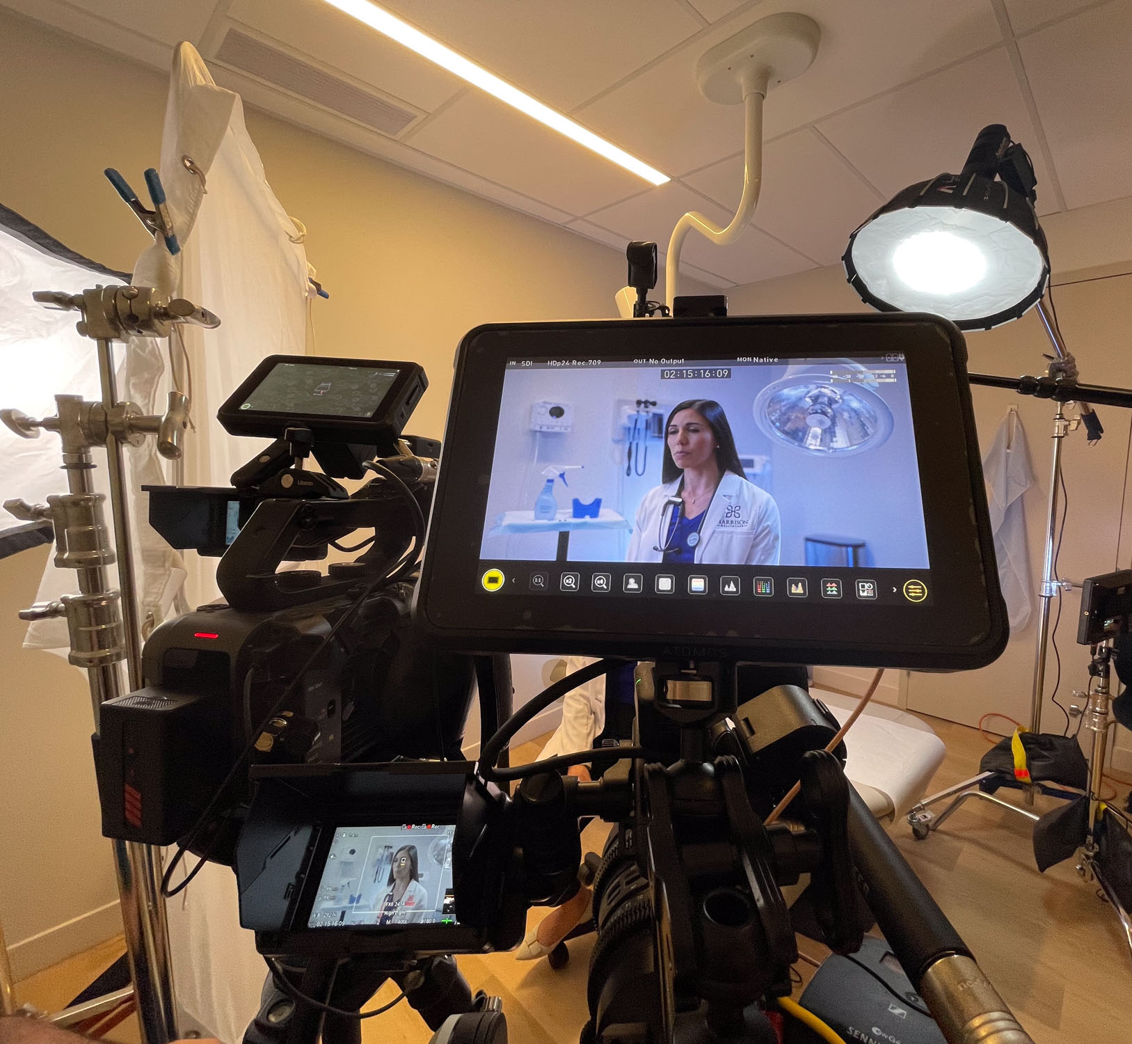 Camera, monitor and lighting set up for a medical interview