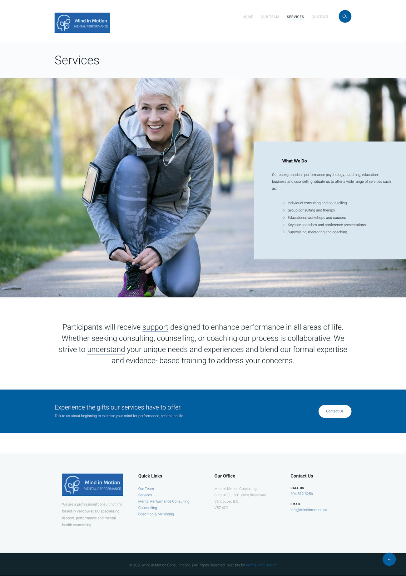 Mind in Motion Coaching website, screen 2